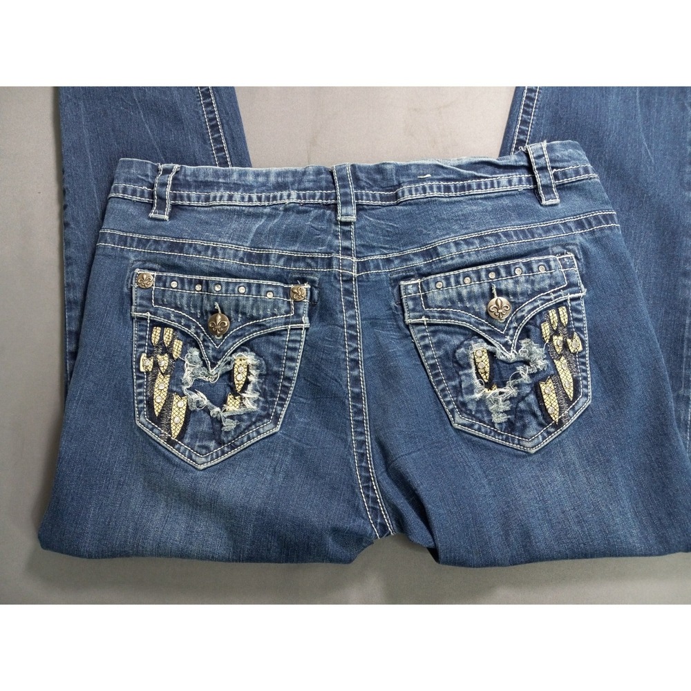 Rebel & Soul Women Skinny Jeans Blue‎ Medium Wash Embroidered Pockets Size 13